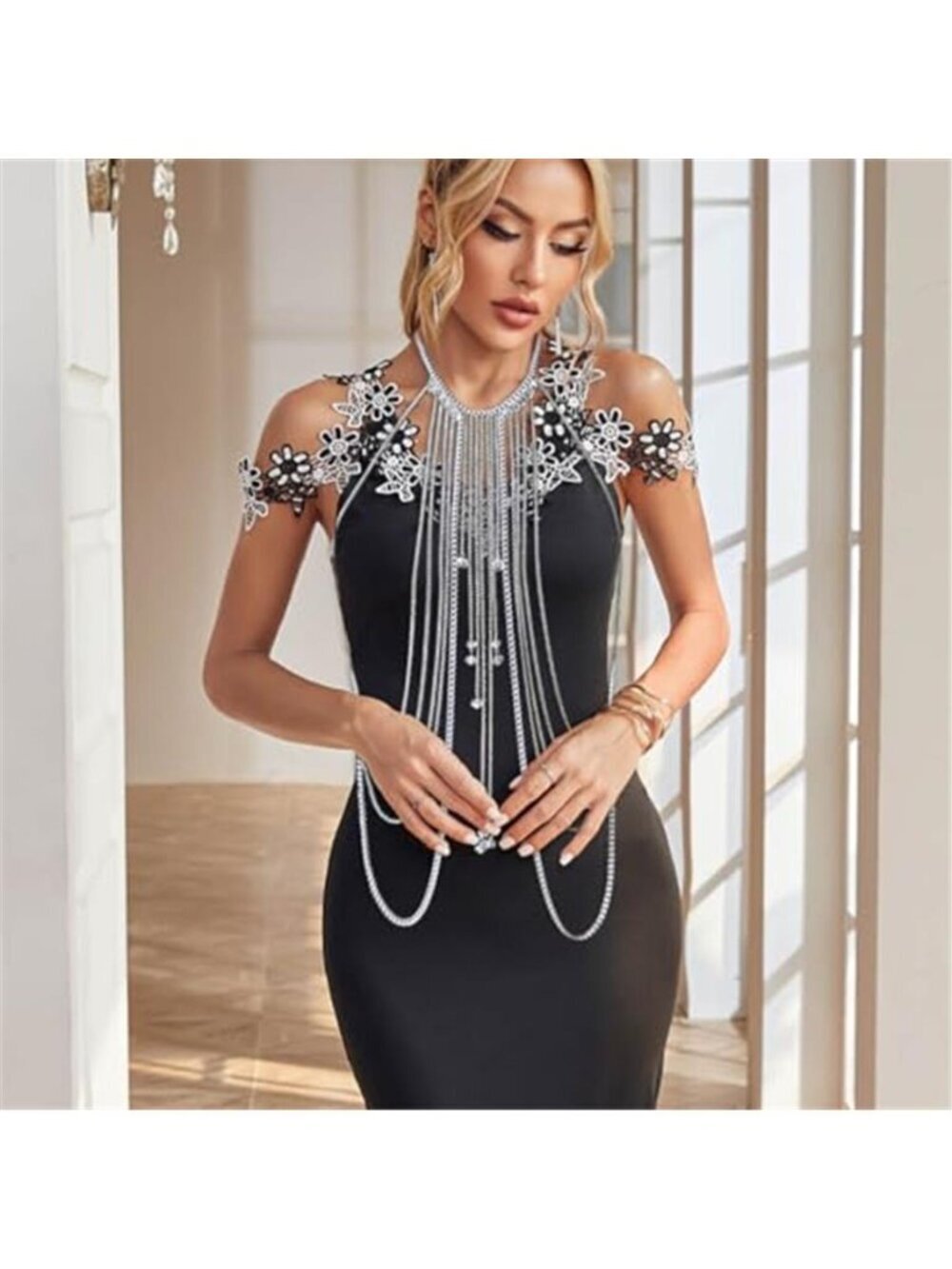 Body Chain Necklace Flower Lace Body Chain Layered Tassel Body Crossover - Picture 2 of 6
